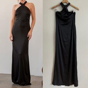 Waltz With You Black Satin Halter Maxi Dress